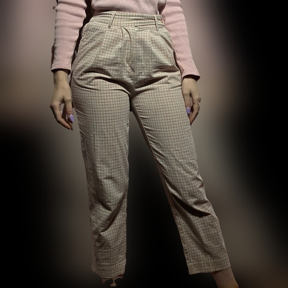 Checkered Cotton Vintage Pink Women's Pants high rise professional button cute